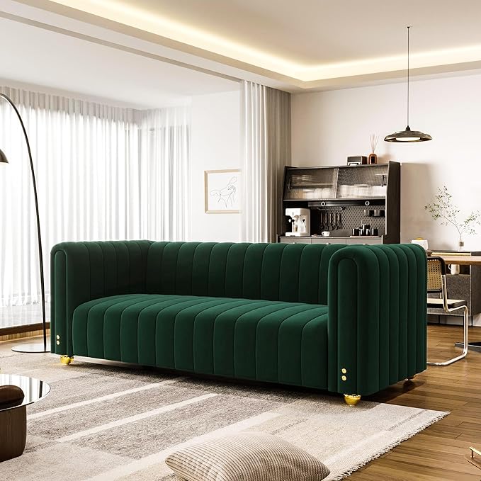 81.3'' Green Velvet Modern Mid Century Deep Seat Sofa Oversized 3-Seater Loveseat Comfy Couch for Living Room and Apartment Furniture