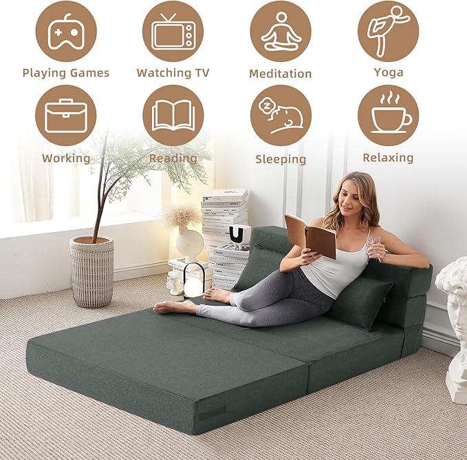 FILUXE Convertible Folding Sofa Bed - Sleeper Chair with Pillow Modern Linen Fabric Floor &amp Futon Couch Foldable Mattress for Living Room/Dorm/Guest Use/Home Office/Apartment Queen Size Dark G