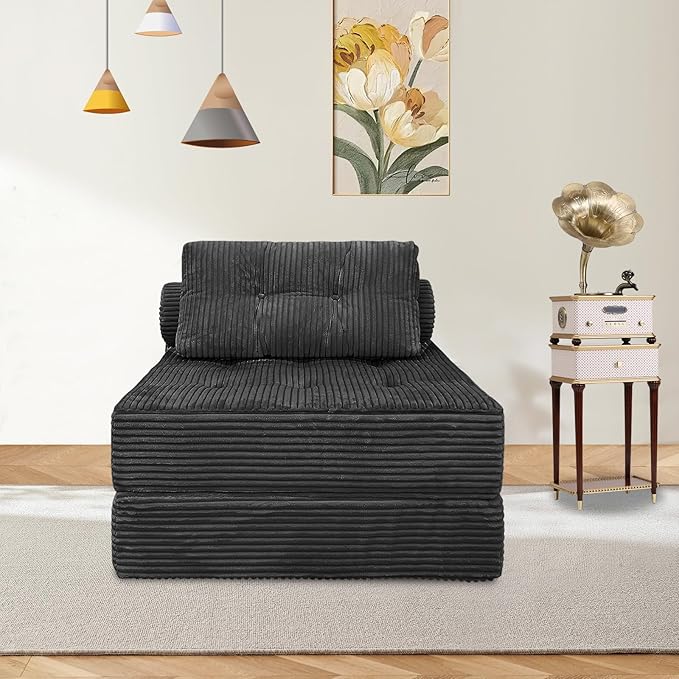 Folding Sofa Bed Convertible Couch Chair with Pillow Boneless Velvet Foldable Sleeper Sofa with Back Support Portable Fold Out Lounger for Living Room Apartment &amp Dorm Dark Grey Corduroy | Lu