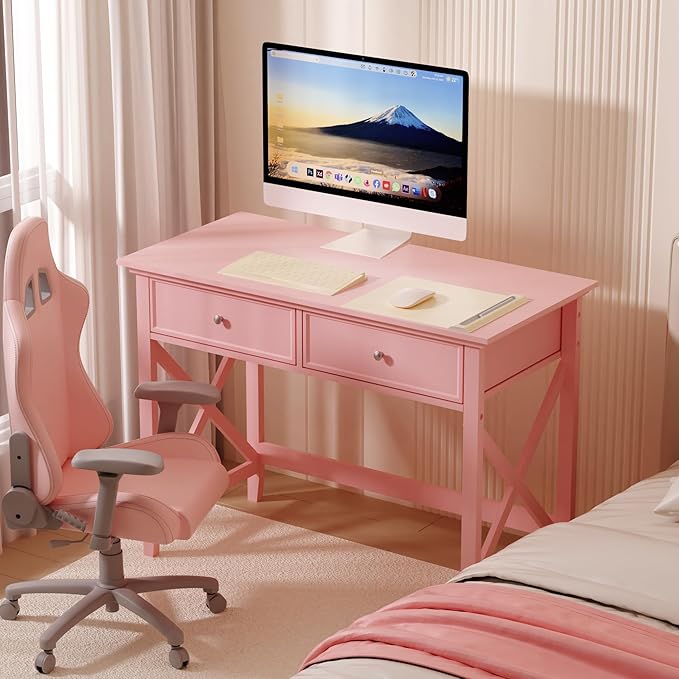 Writing Computer Desk with Drawers Cute Modern Table for Bedrooms Pink Vanity Table Office Desk with Drawers Home Computer Desk for Girls Living Room Entryway Pink