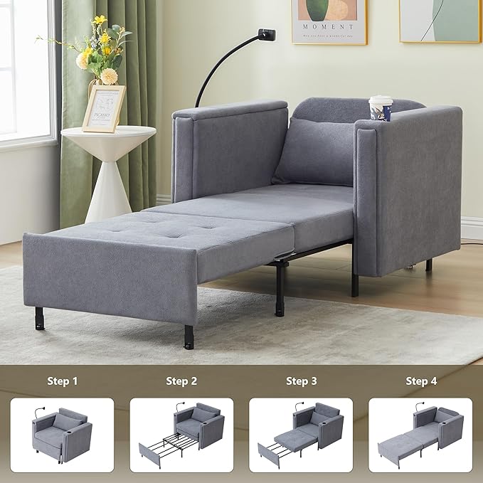 LEVNARY 3-in-1 Convertible Sleeper Chair Pull Out Bed Single Sofa Chair Sleeper for Adults with Hidden Side Table Modern Chenille Fabric Armchair for Bedroom Dorm Home Office (Gray)