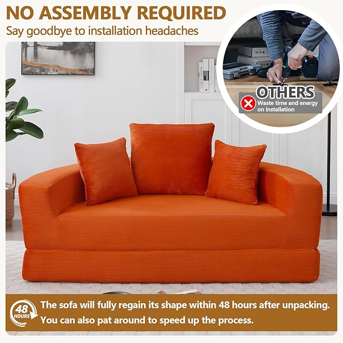 67'' Circular Convertible Compressed Sofa Bed Orange Corduroy Floor Lounge Round Boneless Couch Loveseat Sleeper Sofa Couch with 3 Cushions No Assembly for Apartment Bedroom (Orange 67)