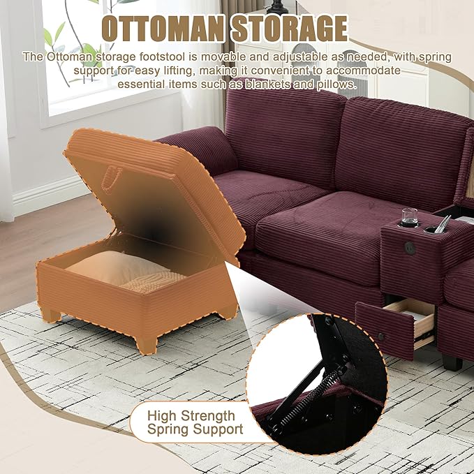 KEIKI 105 L-Shaped Oversized Corduroy Modular Sectional Sofa with 1 Ottoman and Multi Functional Console 4-Seater Upholstered Couch with USB and 2 Cup Holder Easy Assembly for Living Room Red