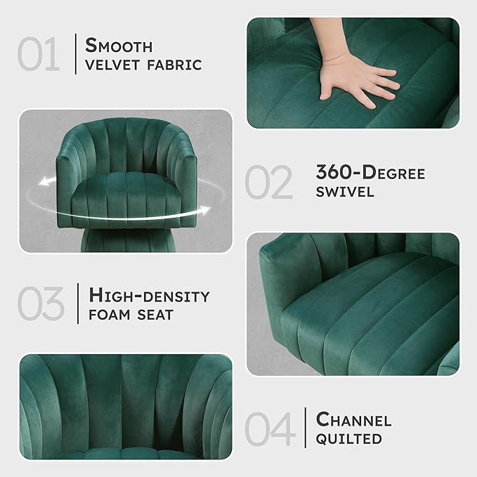 Lexicon Modern Swivel Accent Chair Velvet Fabric Upholstered Swivel Lounge Chair with Rounded Base and Channel Stitching for Living Room/Bedroom/Office Easy Assembly Dark Green