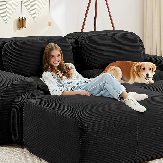 Cloud Sectional Couch Boneless U Shaped Couch 152.7'' Modular Sectional Sofa with Ottoman Modular Cloud Sofa 4 Seater Corduroy Deep Seat Couches for Living Room No Assembly Couches Black