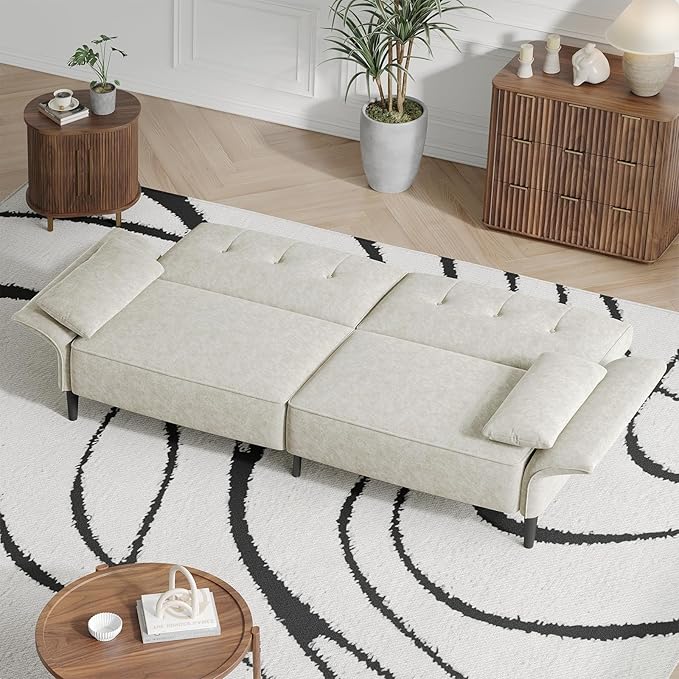 89” Futon Sofa Bed Comfy Futon Couch Bed with 2 Square PillowsConvertible Sleeper Sofa with Adjustable Backrest&amp Armrests Modern Loveseat Sleeper for Living RoomVelvet Fabric White