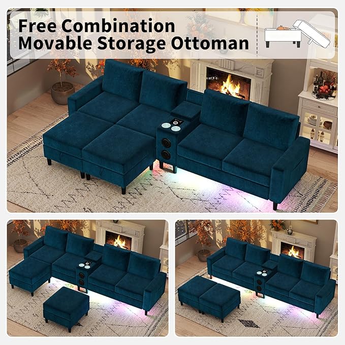 Sectional Couches for Living Room 6 Seat Sectional Sofa Smart Module-Bluetooth Speaker/RGB Light/Charging Station Chenille U Shaped Couch with 2 Movable Storage Ottomans (Blue)