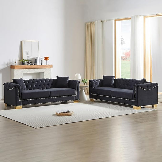 KEIKI 6 Seat Chesterfield Sofa Upholstered 3+3 Seat Couch with Rolled Arm Modern Combination Sofa for Living Room Bedroom Office Black