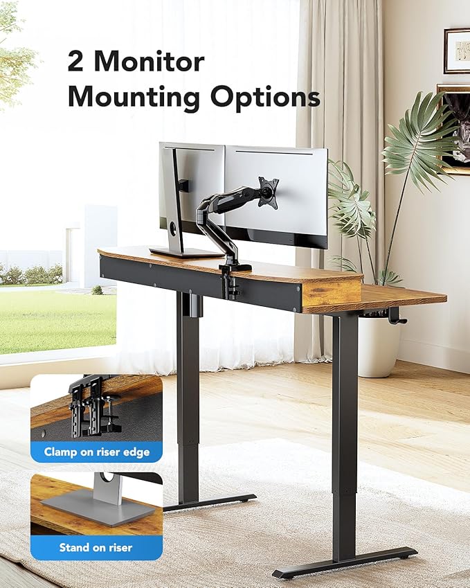 HUANUO 48 x 26 Electric Standing Desk with 2 Drawers &amp 26.7 Large Keyboard Tray C-Clamp Mount Compatible Adjustable Computer Desk for Home Office Stand Up Desk with 4 Height Presets Vintage