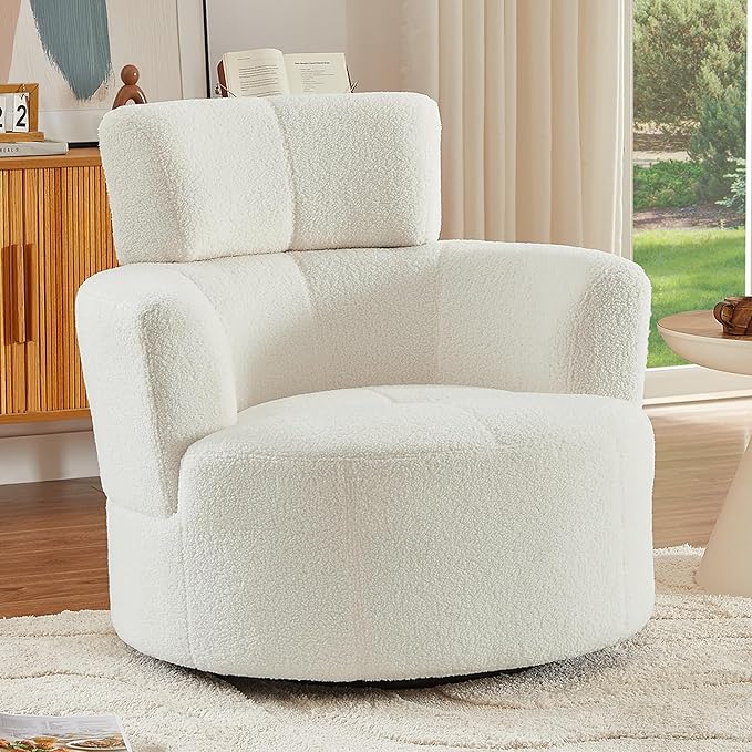 Swivel Accent ChairBedroom Barrel Chairs with Seat CushionModern 360° Soft Berber Fleece Fabric Circle Chair with Adjustable Headrest for Living Room(Cream)