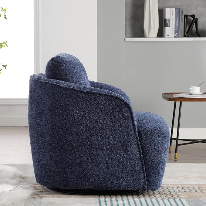 Soft Boucle Upholstered Swivel Accent Barrel Chair Wide Seated Comfy Round Single Sofa Chair 360 Swivel Club Armchair for Living Room Bedroom Nursery (Boucle Navy)