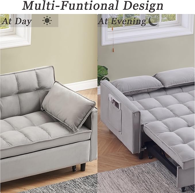 55 Sleeper Loveseat3 in 1 Sofa BedPull Out Couch Bed with 2 Pillows and Side PocketsVelvet Convertible Bed for Small Spaces Living Room (Gray)