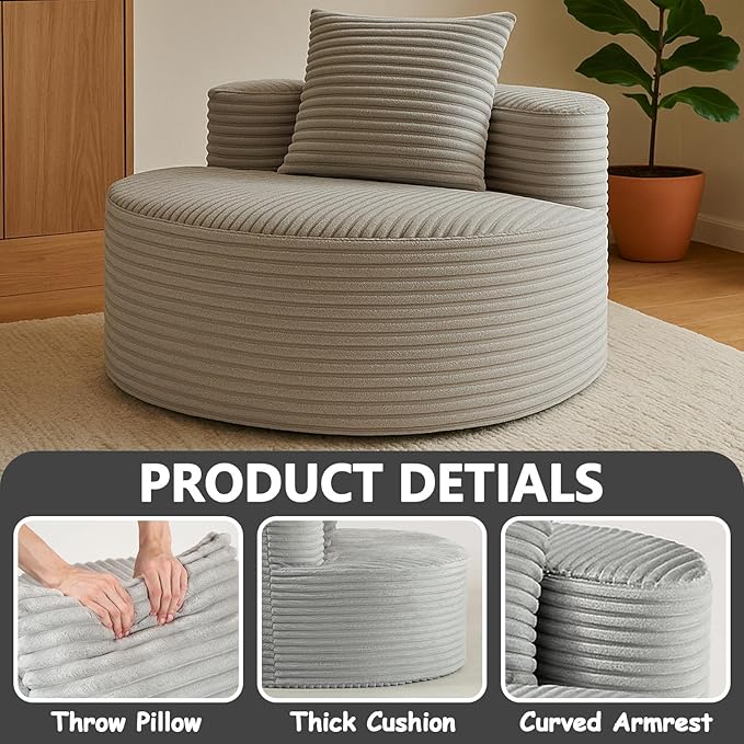 45 Oversized Round Chair Boneless Reading Chair with Comfy Pillow for Living Room Circle Cloud Chair for AdultsCorduroy Memory Foam Large Seat No Assembly Required (Smoke Grey)