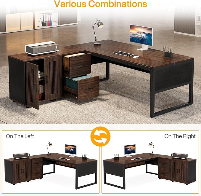 Tribesigns 63-Inch L-Shaped Desk Modern Executive Desk with Mobile File Cabinet Large Office Desk with Door Storage Cabinet and Drawer Business Furniture for Home Office Dark Walnut &amp Black