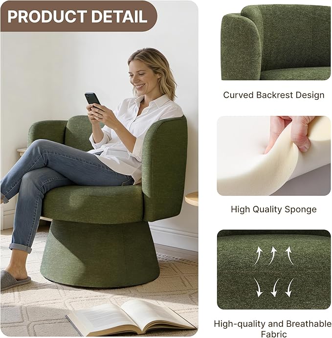 Swivel Barrel Chair360° Accent Chairs with Round BackrestUpholstered Lounge Chair for VanityLiving RoomBedroomReading NookGreen