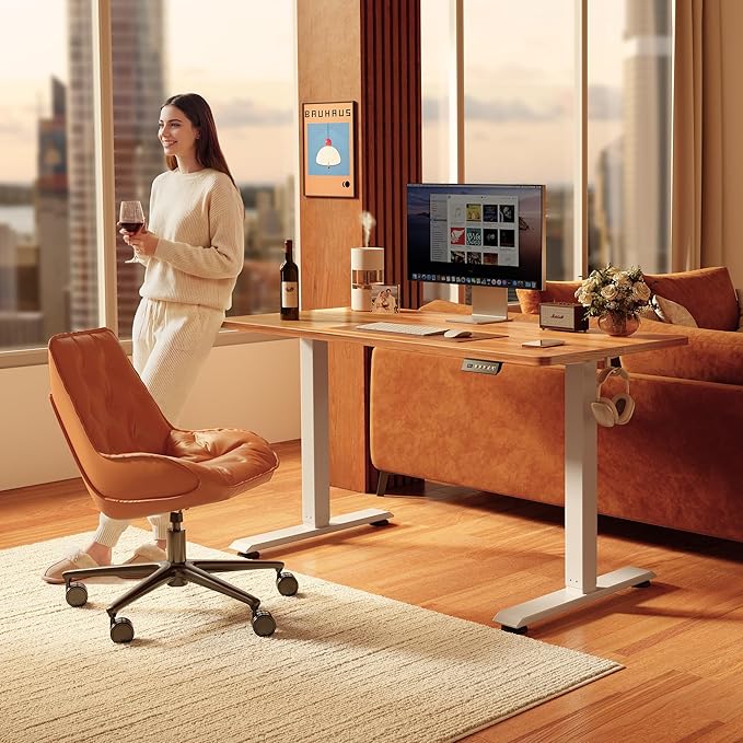 FEZIBO Standing Desk 63×28 Inches Electric Height Adjustable Sit Stand Up Computer Office Desk with Splice Board White Frame/Light Rustic TOP