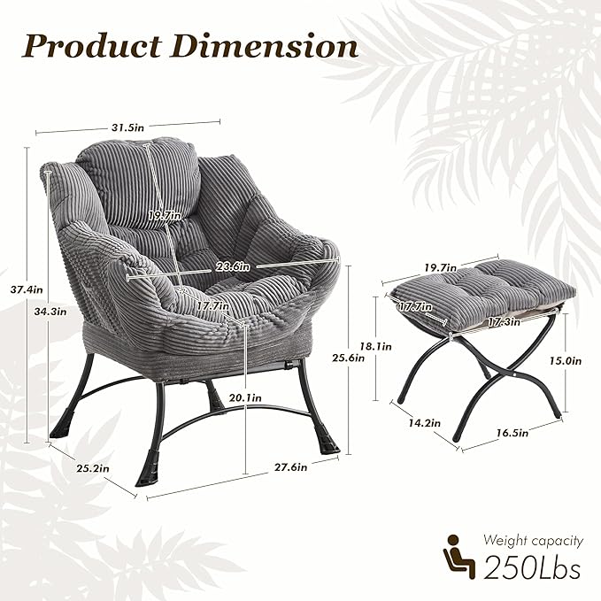 QQU Lazy Chair with Ottoman Corduroy Lounge Armchair Reading Chair with Footrest for Living Room Balcony Study (Grey)