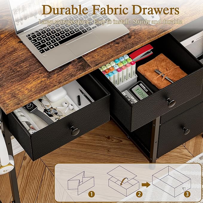 Small Computer Desk with 4 Fabric Drawers Simple Writing Desk for Home Office Compact Study Desks for Small Spaces Kids Desk Study for Bedroom Rustic Brown