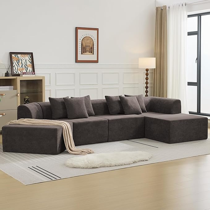 140''Oversized Cloud Velvet Curved Sectional Couch Boneless Couch with L-Shape Chaise Upholstered Compression Memory Foam Modular Sectional Sofa for Living Room No Assembly Required Brown