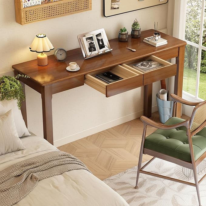 Wood Desk Solid Wood Writing Table for Home Office Mid Century Modern Desk with Drawers Walnut (47inch / 120cm)