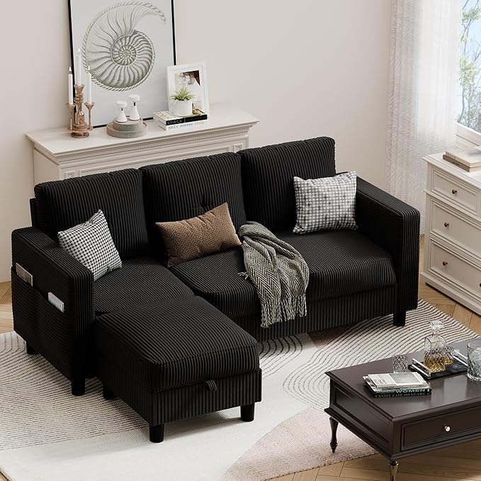 JAMFLY Convertible Sectional Couches for Living Room L-Shaped Couch 3 Seat Sectional Sofa Set with Corduroy Fabric and Movable Ottoman Small Couch for Apartments Office(Black)