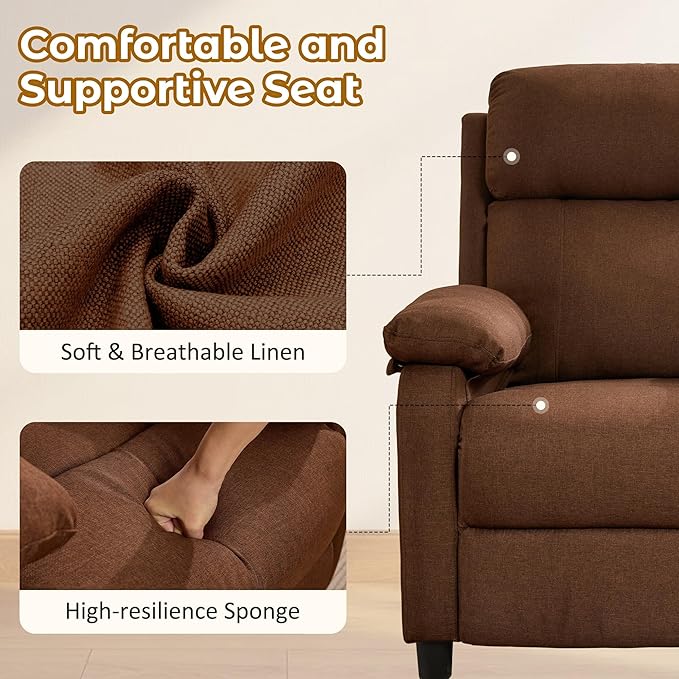 Recliner Chair Reading Chair for Adults with Side Pockets Recliners with Padded Deep Seat Small Recliners for Small Spaces Linen Fabric Comfy Chair for Bedroom Living Room and RV
