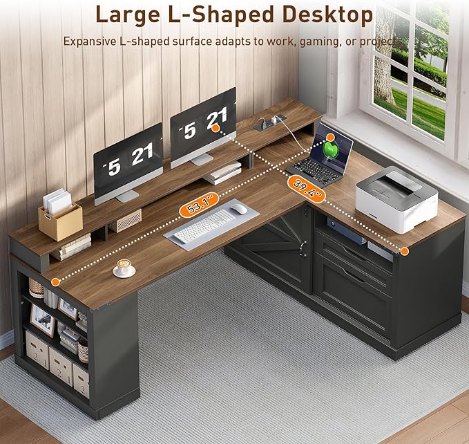 Farmhouse L Shaped Desk with Drawers 53 Inch Executive Desk with File Cabinet and Monitor Stand Wooden Corner Computer Desk with Power Strip for Home Office Work and Study Black and Walnut