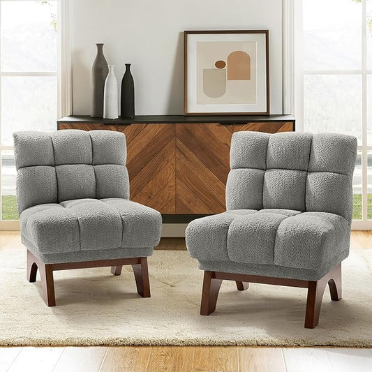 HULALA HOME Modern Chenille Fabric Armchair with Wood Legs Comfy Upholstered Reading Accent Chairs for Living Room (Set of 2 Grey)