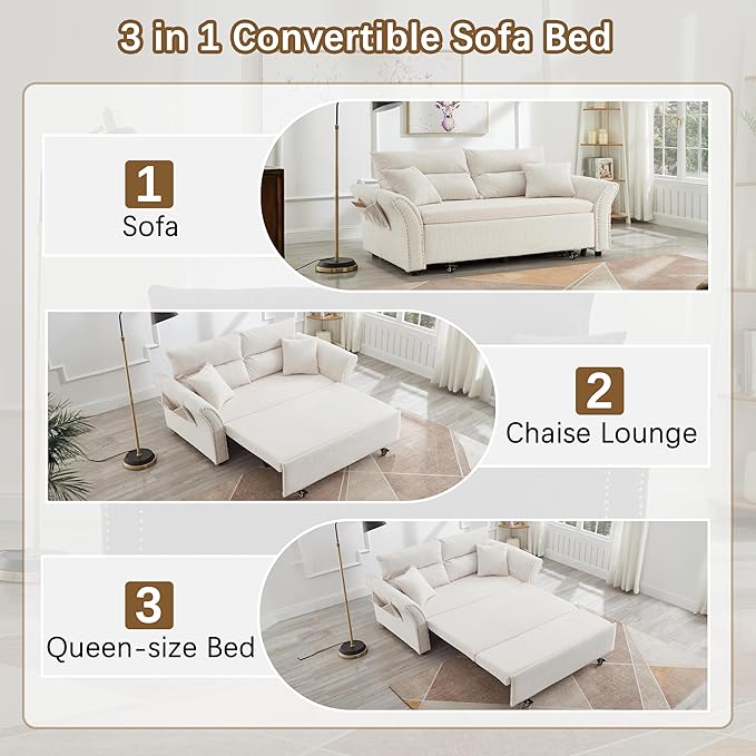 64 Queen Pull Out Futon Sofa Bed with USB Ports 3-in-1 Modern Convertible Sleeper Sofa with Side Pocket ＆ Rivets Comfy Corduroy Loveseat Couch for Living Room Bedroom Apartment (Queen White)