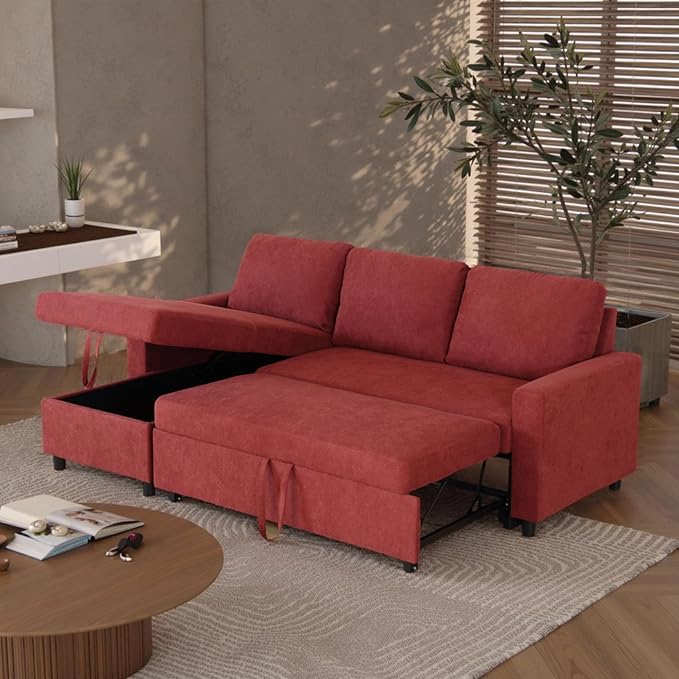 Convertible Sofa Bed Couch 2 Seat Solid Wood Sectional Couches for Living Room with Storage Sleeper Sofa Couch with Pullout Bed for Apartment Red