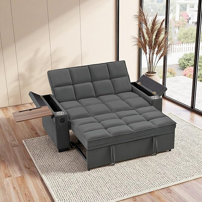 65'' Convertible Sleeper Sofa BedExtra Thick Cushion Polka dot Velvet Pull Out Futon Couch with Storage handrails &amp Rotating Side TablesConvertible Sofa Couch for Living RoomRV (07dark gray)