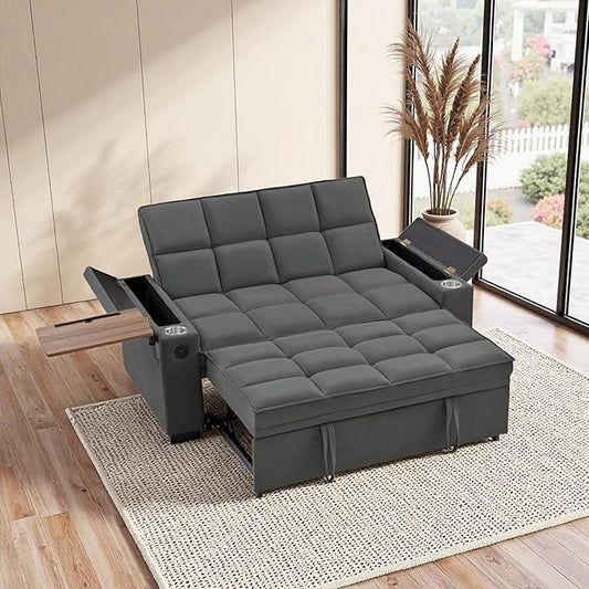 65'' Convertible Sleeper Sofa BedExtra Thick Cushion Polka dot Velvet Pull Out Futon Couch with Storage handrails &amp Rotating Side TablesConvertible Sofa Couch for Living RoomRV (07dark gray)
