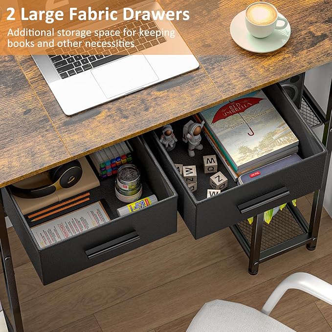 Computer Desk with Drawers 37.3 Inch Home Office Work Desk with Storage Shelf Kids Teens Study Table for Small Space Small Writing PC Table for Bedroom Makeup Vanity Desk Brown