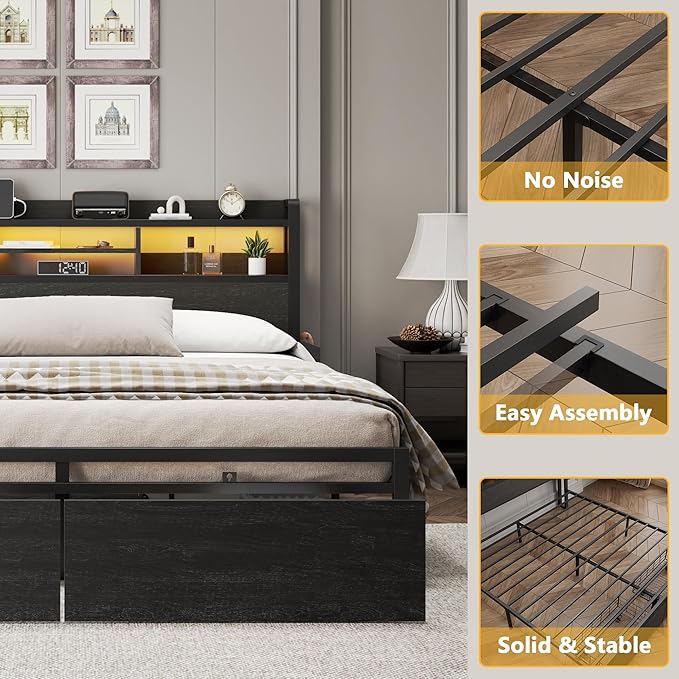 Furnulem King Bed Frame with Wood Headboard &amp Storage Drawers Metal Platform Bed Frames King Size with LED Lights Built in Charging Station No Box Spring Needed No Noise Easy Assembly Black