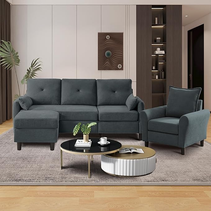 Convertible Sectional Sofa 77 Small L Shaped 3 Seat Couch with Reversible Storage Chaise and Accent Chair Set Modern Polyester Fabric Sofa Couches for Living Room Apartment Dark Grey
