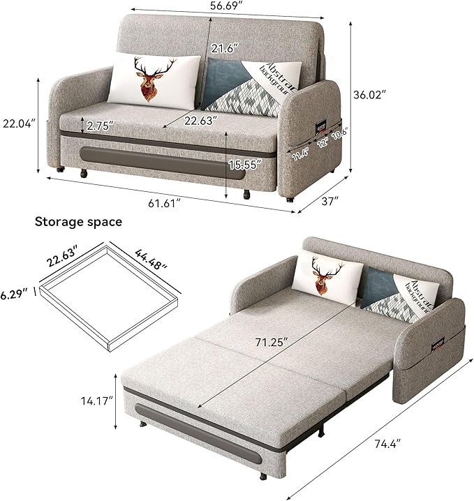 Pull-Out Sofa Bed - Versatile Futon Sleeper Couch for Living Room and Small Spaces(34.25 D x 59.84 W x 37.4 H)- Gray/White RV Lounge (61.61 Gray)