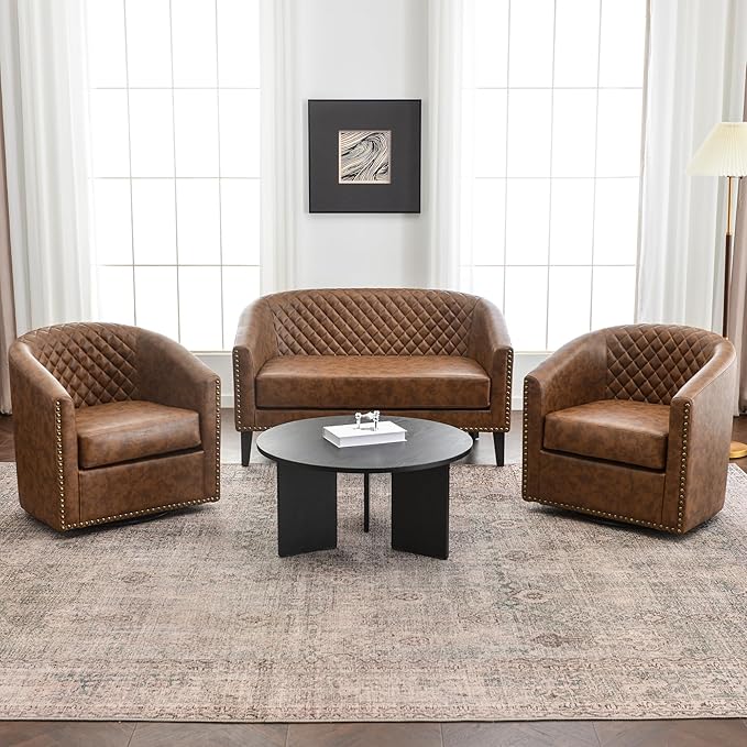 KINWELL 29 Wide Tufted Faux Leather Swivel Barrel Chair Set of 2 PU Leather Modern Upholstered Accent Chairs with Nailhead Trim Small Armchair for Living Room Bedroom Coffee