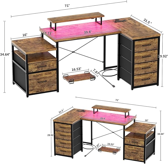 Unikito Reversible L Shaped Computer Desk with Fabric File Drawers 70.8 Large Office Desk with RGB LED Light &amp Power Outlets &amp Monitor Stand &amp CPU Stand Sturdy Corner Gaming Desk Rusti