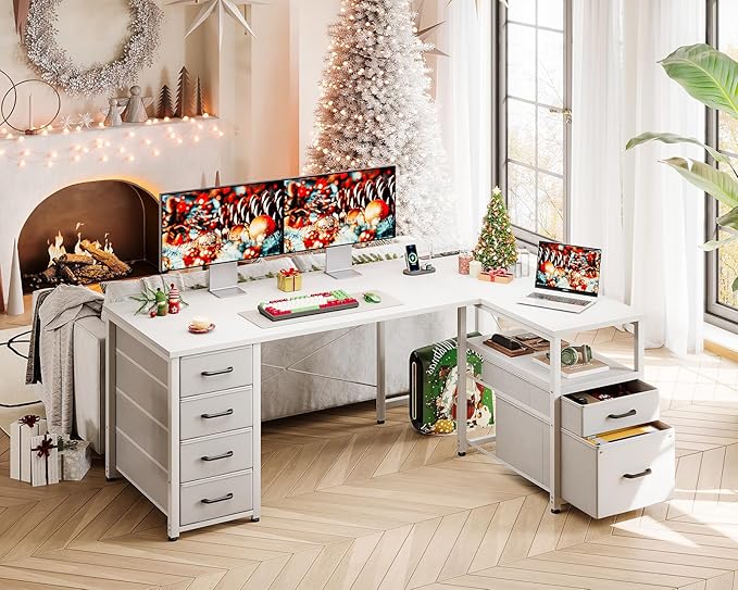 Coleshome L Shaped Computer Desk with 6 Drawers &amp Power Outlet 55 Inch Corner Desk with Reversible Storage Shelf &amp File Drawer Home Office Desk White