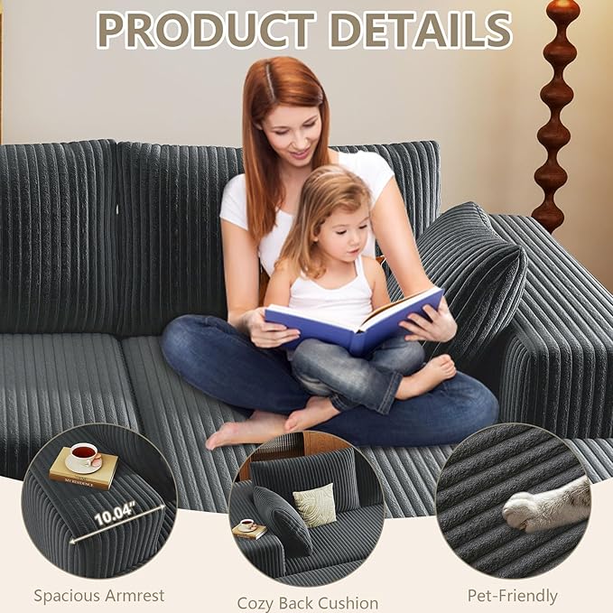 96 Cloud Sectional Couch with L-Shaped Chaise Modern Corduroy Sectionals Couches with Deep Seat Boneless Sofa 3 Seater for Living Room No Assembly Required (Dark Grey Right Facing Chaise)