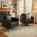 TYBOATLE Accent Chairs Set of 2 Black Leather Chair with Tufted Seat &amp Wood Legs Mid-Century Modern Living Room Chair Upholstered Comfy Reading Chair Armchair for Bedroom Waiting Room Office