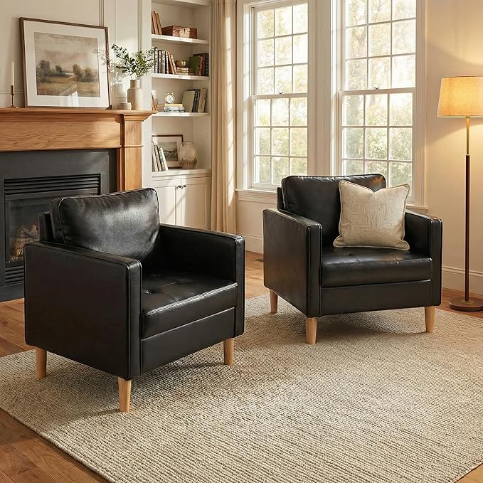 TYBOATLE Accent Chairs Set of 2 Black Leather Chair with Tufted Seat &amp Wood Legs Mid-Century Modern Living Room Chair Upholstered Comfy Reading Chair Armchair for Bedroom Waiting Room Office