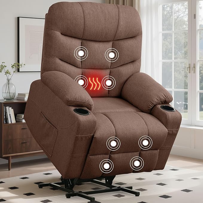 Power Recliner Chair with Massage and Heating Power Lift Recliner Chair for Elderly and Adults Electric Recliner with Remote Control and Cup Holders for Living Room Linen Fabric Brown