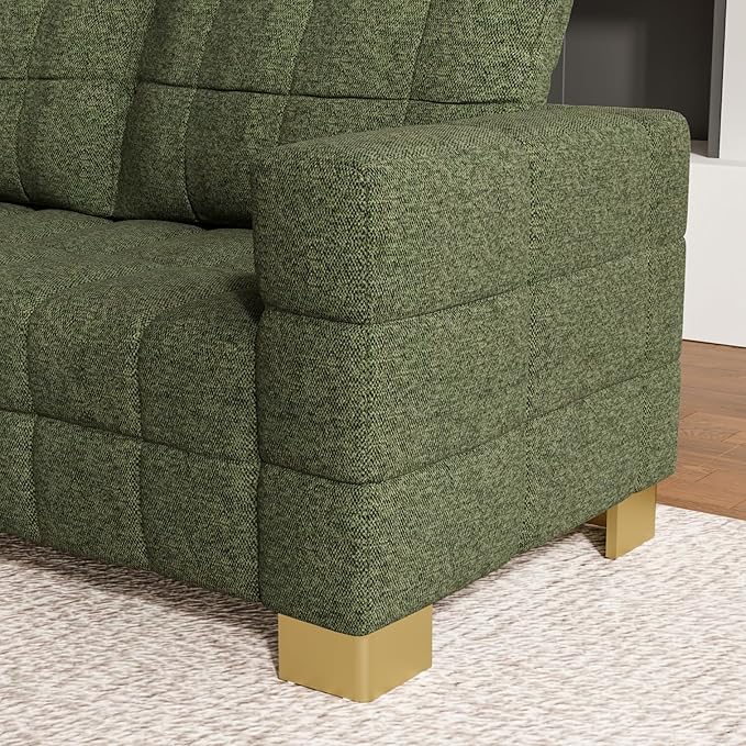 81.89 Sofa Comfy 3 Seat Sofa Tufted Chenille Upholstered Sofa Couch for Living Room with Gold Metal Legs and 2 Throw Pillows (Green（3+3）)