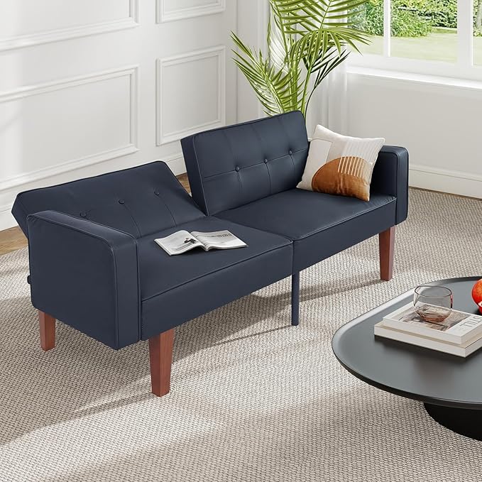Futon Sofa Bed Leather Futon Couch Loveseat Convertible Recliner Lounge with Adjustable Backrest Foam and Spring Cushions for Living Room Apartment Office PU Leather Matte Black