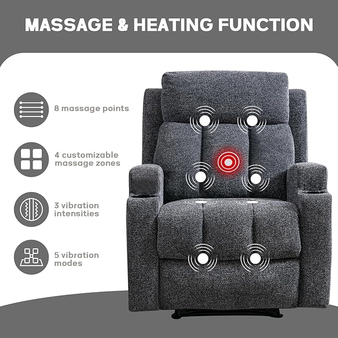 CANMOV Manual Massage Heat Recliner Chair Set of 3 Soft Fabric Recliner Chair with Overstuffed Arm and Back Manual Reclining Single Sofa with 2 Cup Holders Side Pocket for Living Room Dark Grey