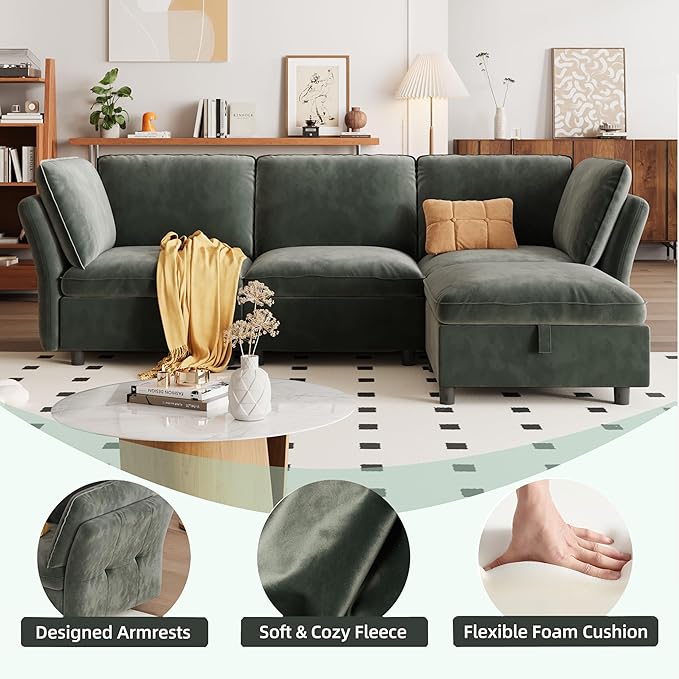 97 Modular L-Shaped Sectional Cloud Couch with Storage Ottoman - Velvet Deep Seating Sofa Set with Pillows Convertible 3-Seater for Living Room Apartment Office (Green)