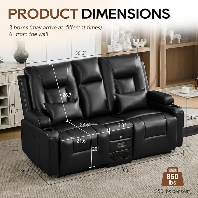 URRED Manual Reclining Loveseat Sofa with Console Double Recliner RV Couch with Bluetooth Speakers USB &amp Power Outlet Cup Holders Pillow and Side Pocket for Home Theater Faux Leather Black