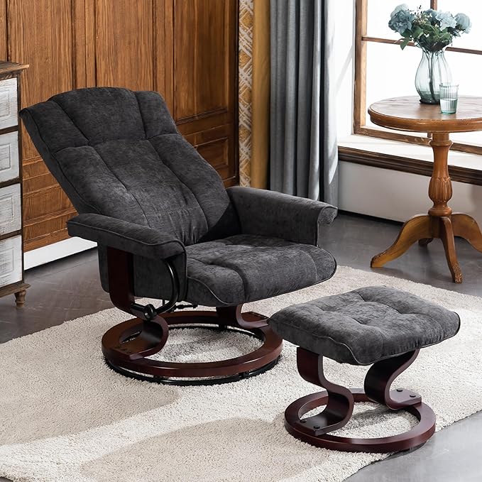 MCombo Manual Swivel Recliner with Ottoman Chair Ottoman Set for RV Small Spaces Living Room Bedroom Office 4919 (Chenille Grey)