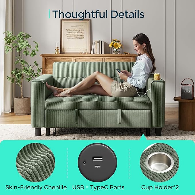 LINSY 3-in-1 Convertible Sofa Bed 54 Pull Out Sleeper Sofa with Charging Station &amp Cup Holder Small Corduroy Couch Folding Loveseat with Side Pocket for Small Space Green